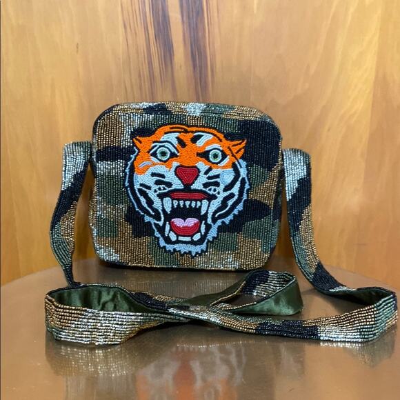 Tiana Handbags - Hand Beaded Tiger Crossbody Bag Camo 7”x6”x2” w/ 23” Drop Zipper Tiana
